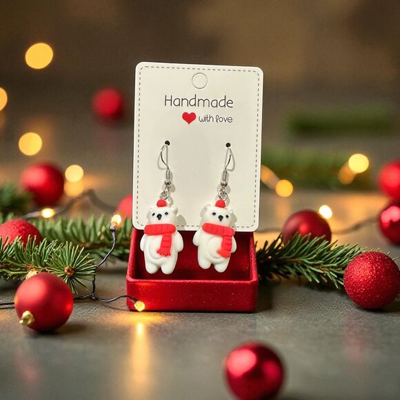 Handmade Polar Bear Earrings | Christmas Earrings | Polymer Clay Holiday Jewelry - Picture 5 of 9